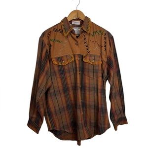 Carol Horn Brown Plaid Button-Up Shirt with Embroidery